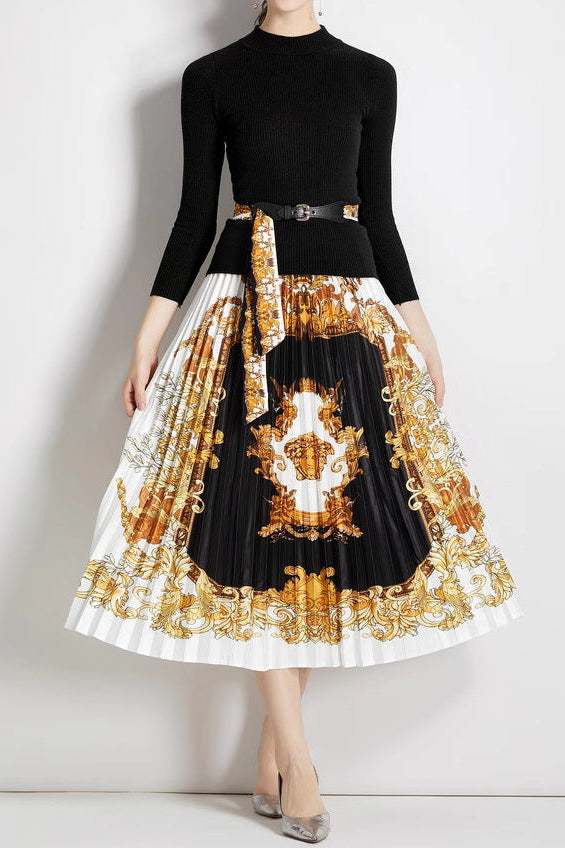 Two-piece knit top and printed pleated skirt set