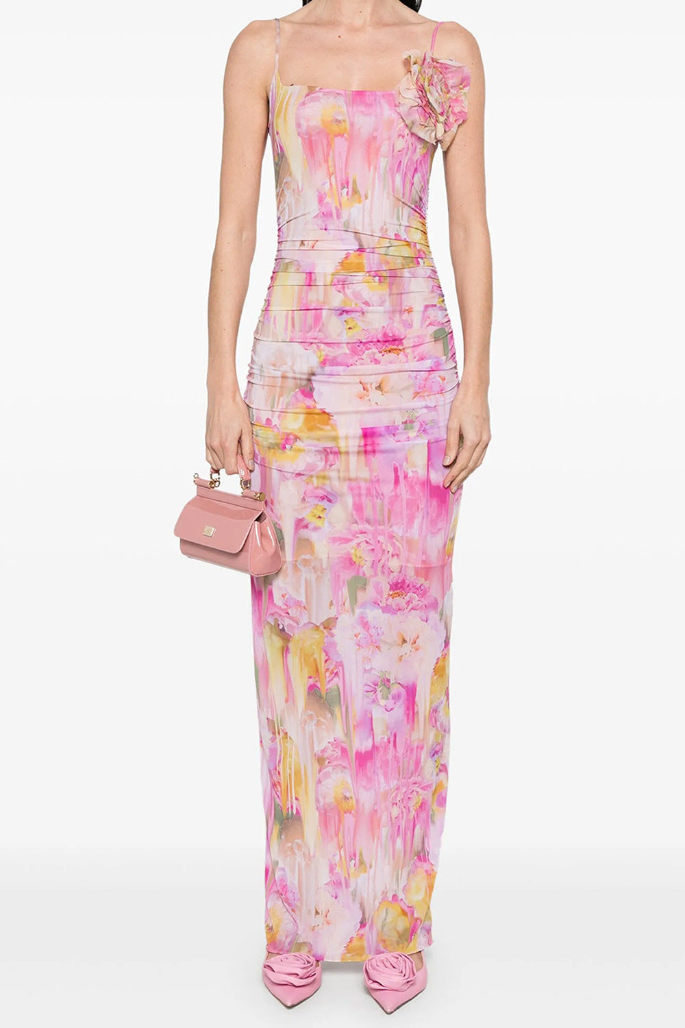 molly Floral Appliqué Print Maxi Dress in pink