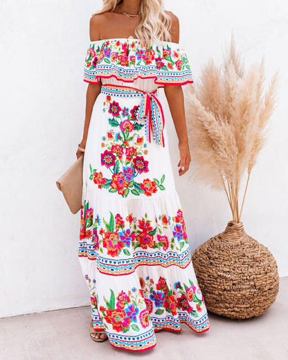Off-shoulder printed maxi dress with a full skirt
