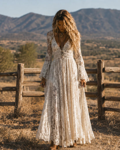 V-neck High Waist Lace Flared Long Sleeve Dress