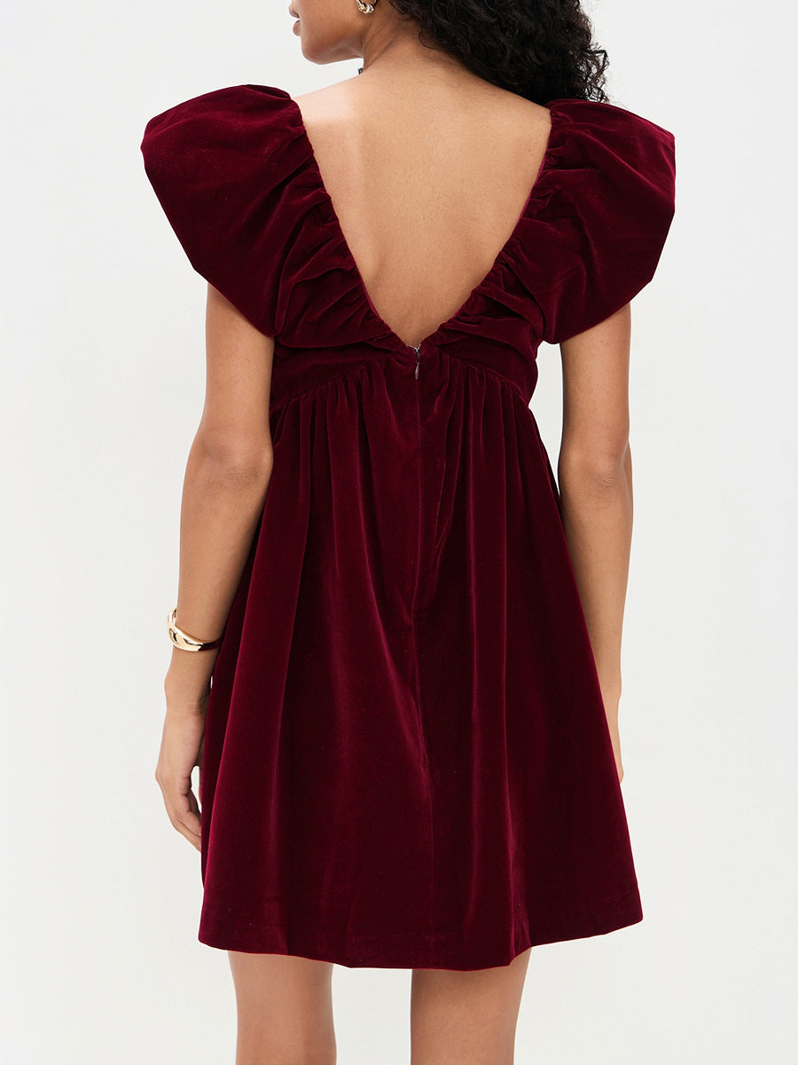 red V-neck bow gold velvet dress