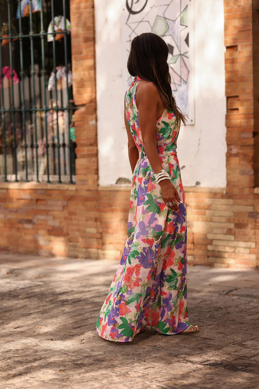 Printed Wrap-Style halter Ruched Maxi Dress - purple