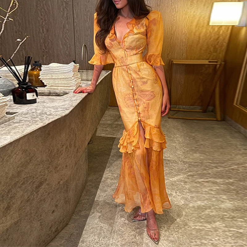 V-neck Vintage-print puff-sleeve slit maxi dress