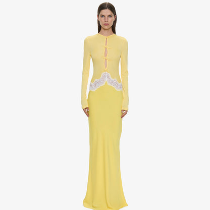 Yellow Long-Sleeve Keyhole Lace Dress Premium Fabric - product view 1