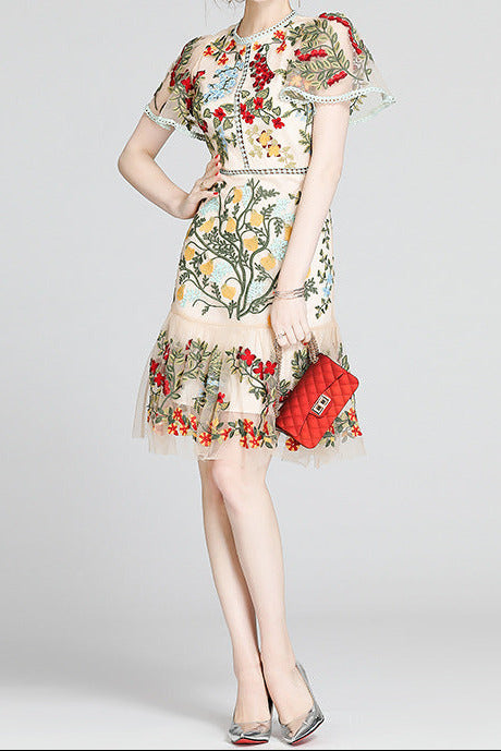 Lace Mesh Embroidered Ruffled Bodycon mini Dress