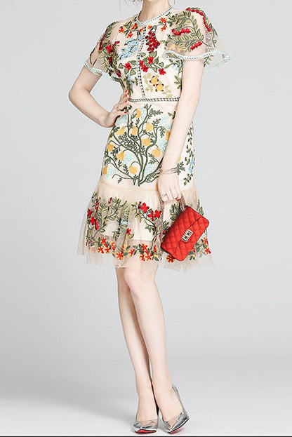 Lace Mesh Embroidered Ruffled Bodycon mini Dress