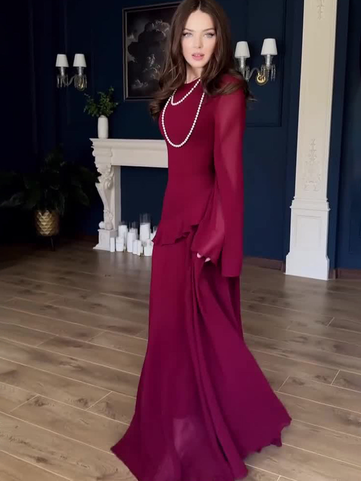 red long-sleeved maxi dress