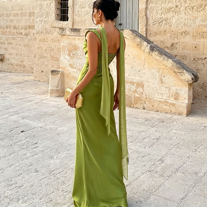 green satin herring bone slip dress
