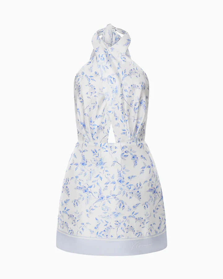 Halter-neck cut-out bodycon mini dress with watercolor print