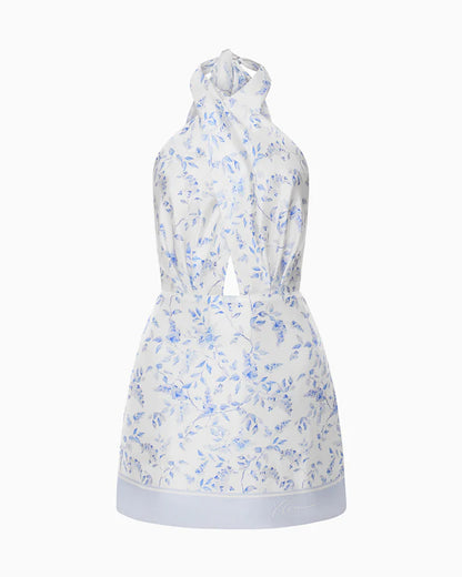 Halter-neck cut-out bodycon mini dress with watercolor print
