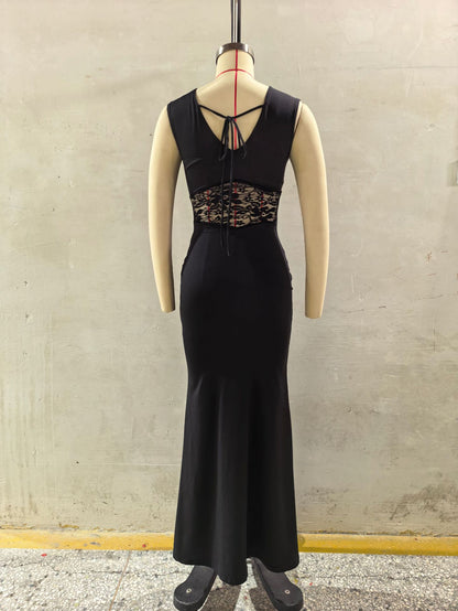 black Neck Sleeveless Lace Stitched Mermaid Dress