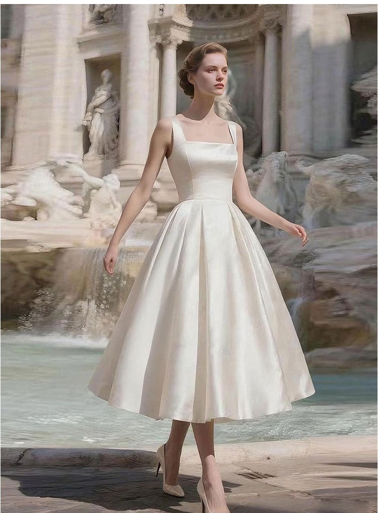 Sharon White Square Neck Satin Midi Wedding Dress