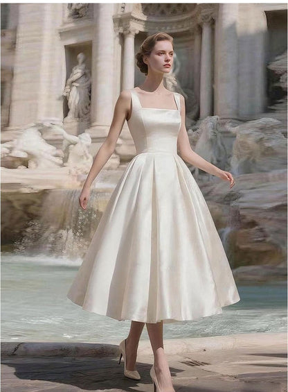 Sharon White Square Neck Satin Midi Wedding Dress