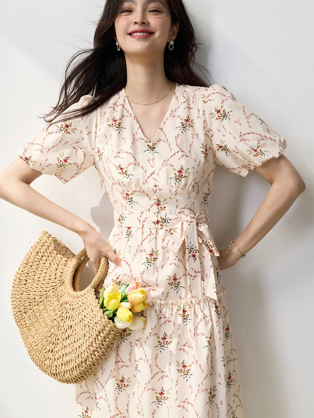 Retro V-neck puff sleeve printed tea maxi dress