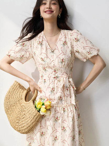 Retro V-neck puff sleeve printed tea maxi dress