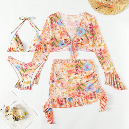 printed long-sleeve split cover-up bikini