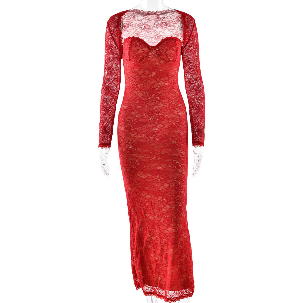red lace see-through shawl long sleeve top bandeau mermaid skirt set