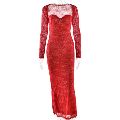 red lace see-through shawl long sleeve top bandeau mermaid skirt set