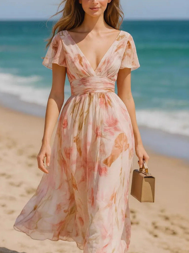 Deep V Ruffle Sleeve Watercolor Floral Chiffon Maxi Dress