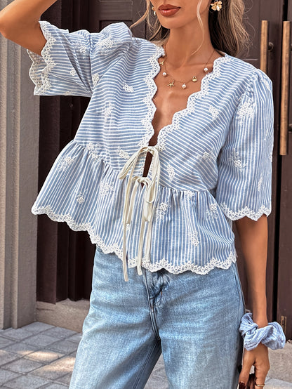 blue Lace V-neck Stripe Embroidered Puff Sleeve Tie-Up Shirt