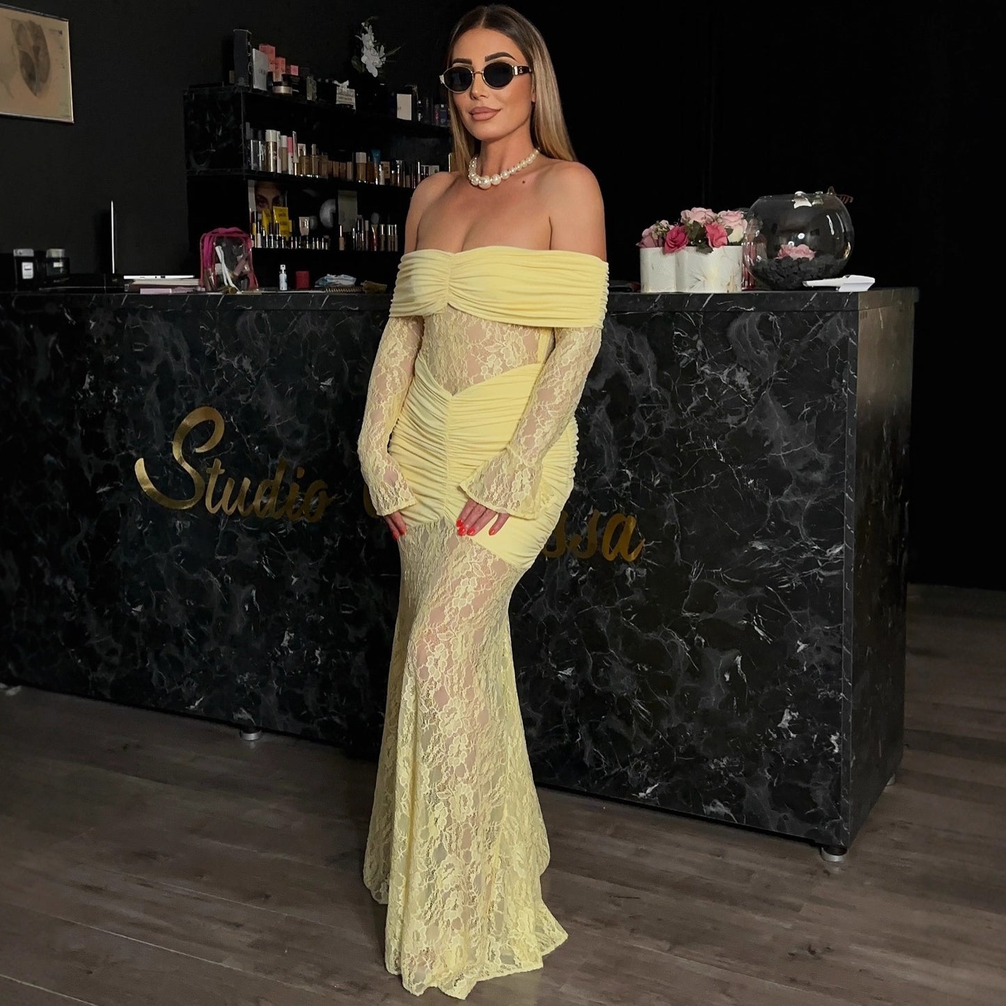damla yellow Lace-trimmed flared sleeve fishtail dress