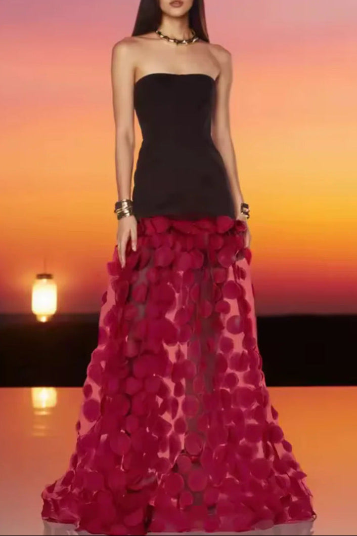 red banquet bandeau flow high-gloss sequin maxi dress