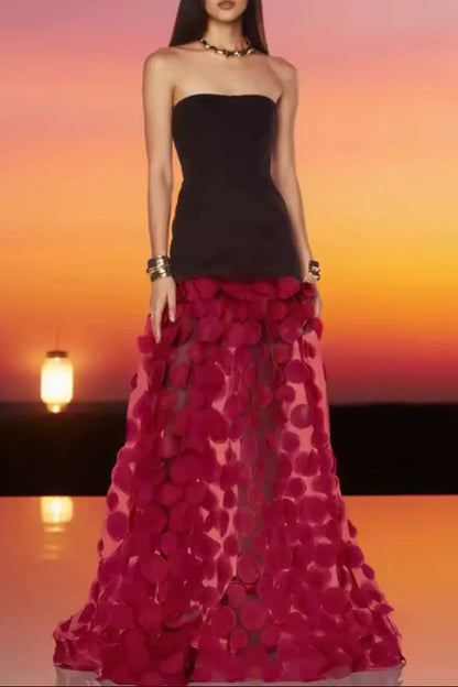 red banquet bandeau flow high-gloss sequin maxi dress