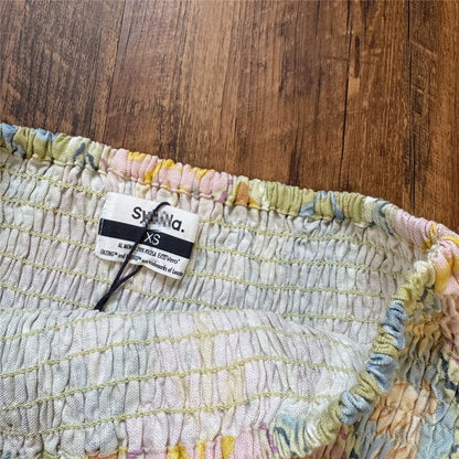 diamond plaid floral pleated elastic hip hugging linen skirt