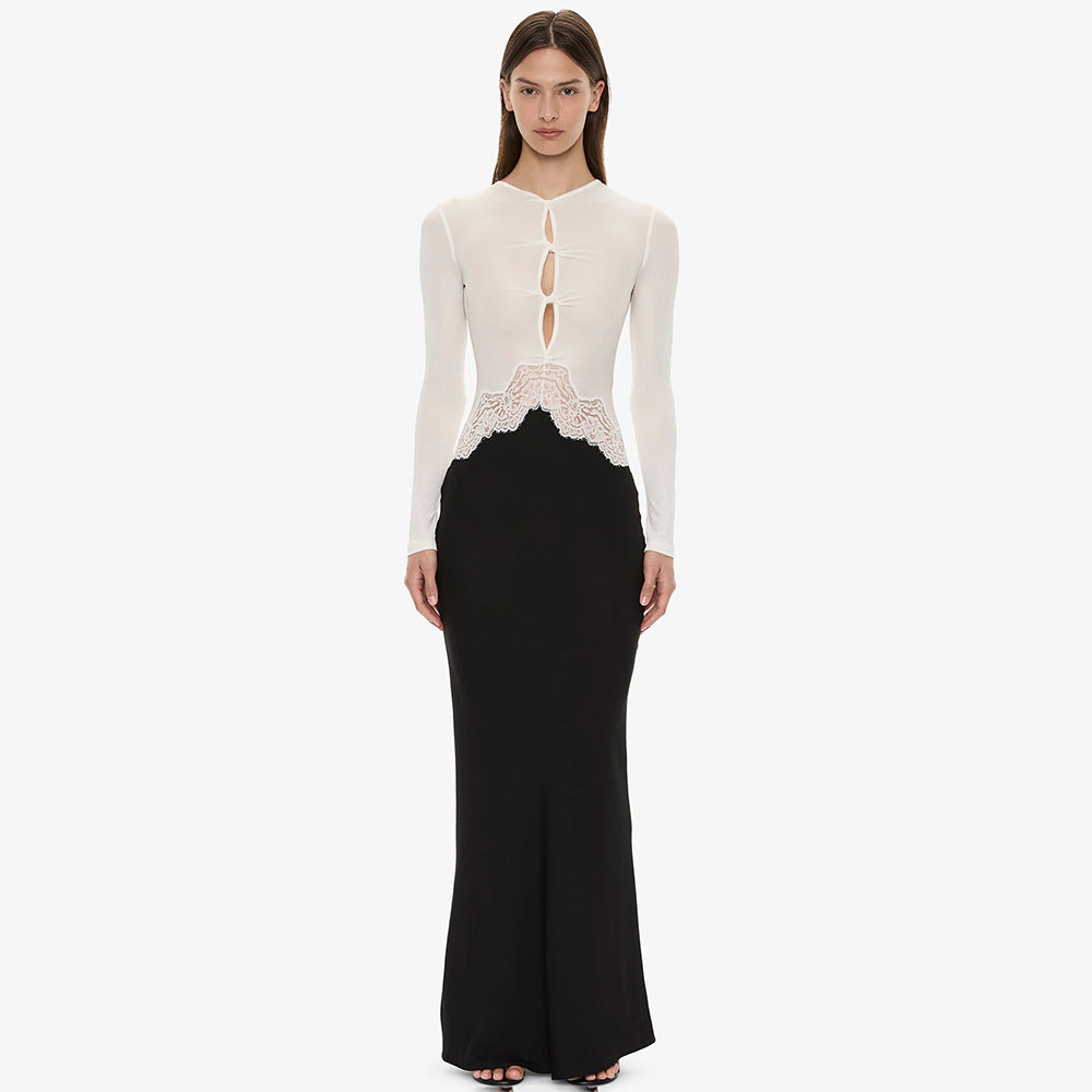 Premium Fabric Long-Sleeve Cut-Out Top with Lace Detail Premium Fabric - product view 1
