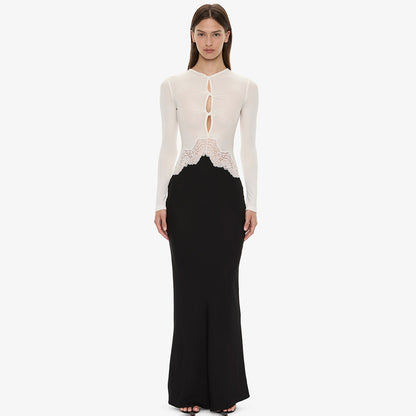 Premium Fabric Long-Sleeve Cut-Out Top with Lace Detail Premium Fabric - product view 1