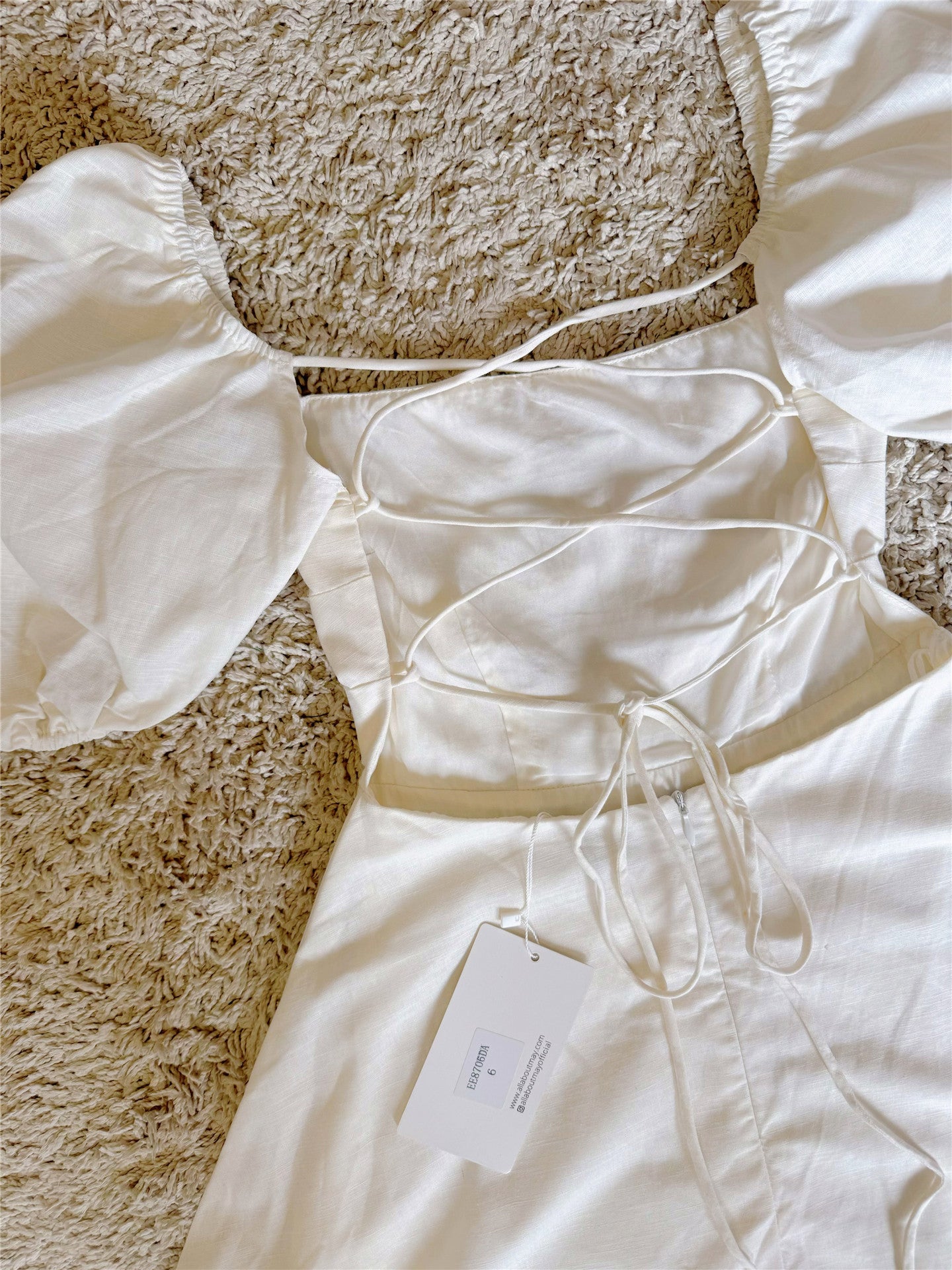 vintage cinched waist lace-up backless lantern sleeve linen dress