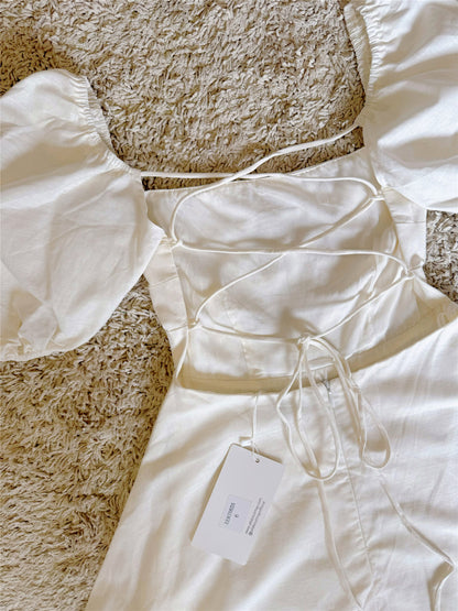 vintage cinched waist lace-up backless lantern sleeve linen dress