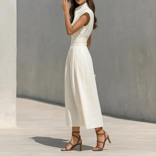 white sleeveless waist maxi dress