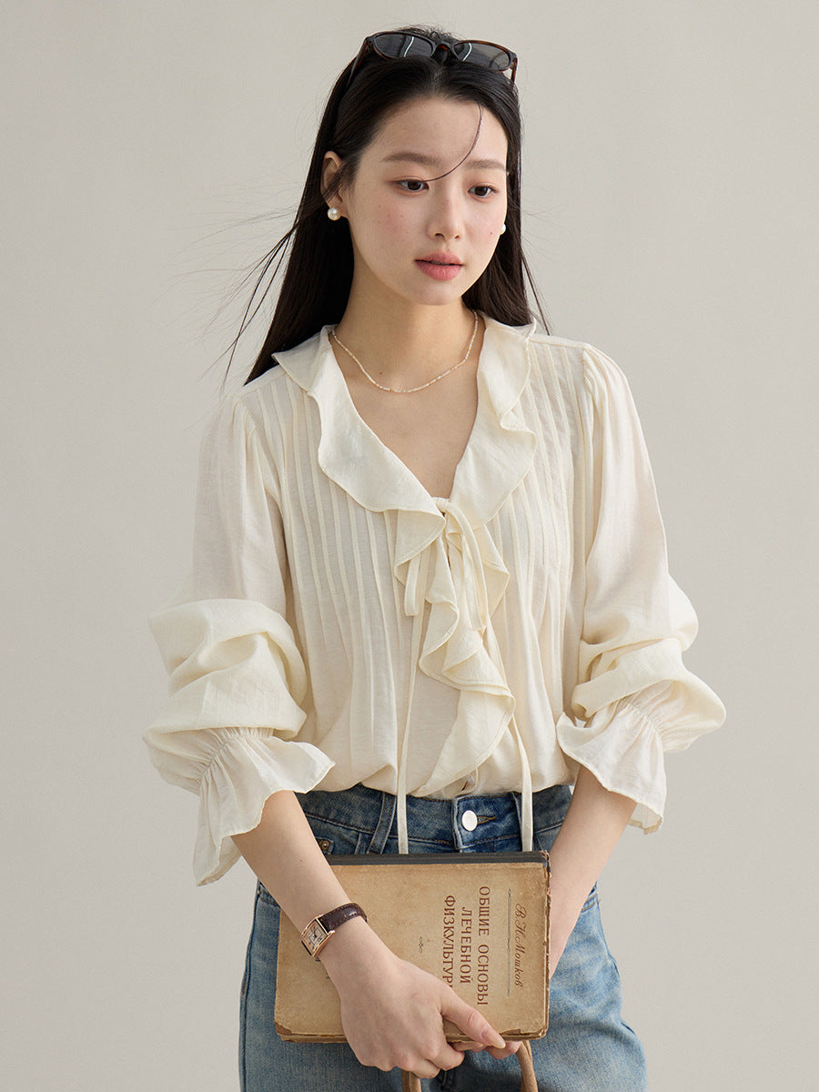 v-neck ruffle Bell-sleeved shirt