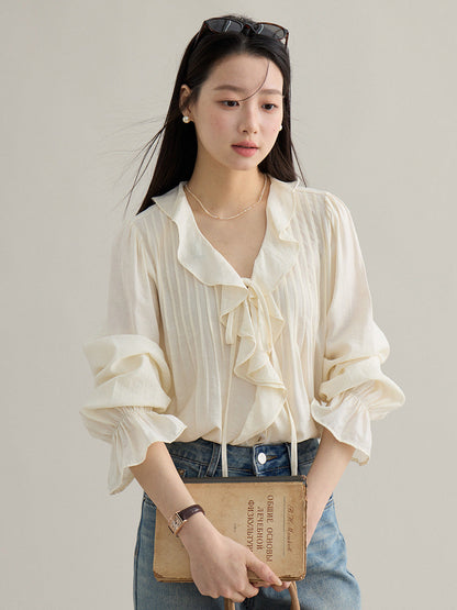 v-neck ruffle Bell-sleeved shirt