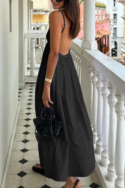 black suspender deep V high-waisted loose dress