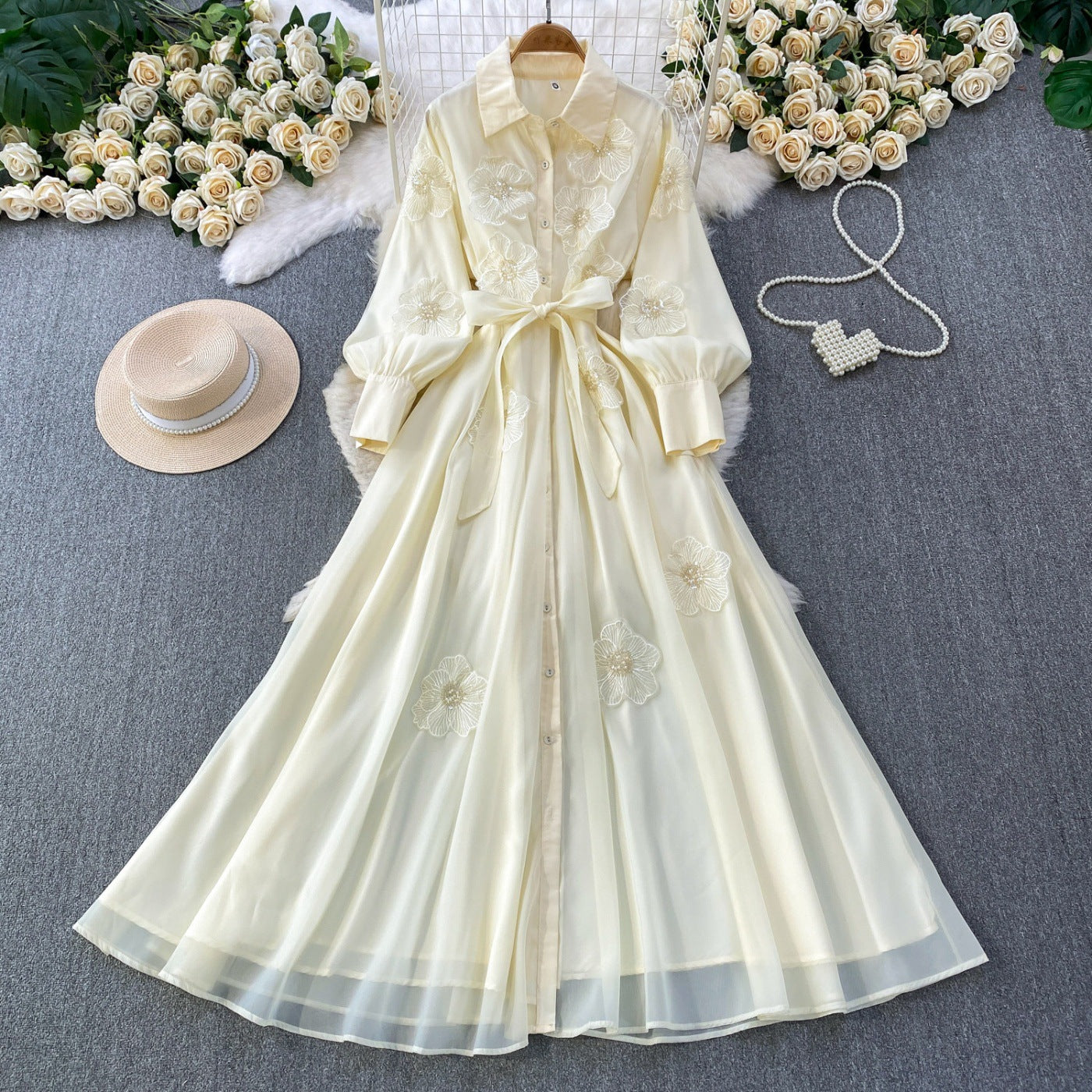 Summer Beaded 3D Floral Collar maxi Dress