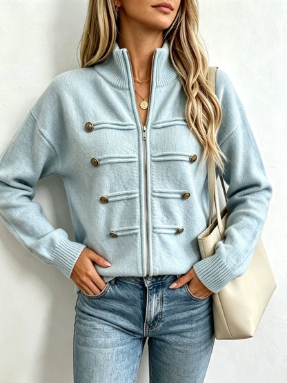 Stand-collar Double-zip Cardigan