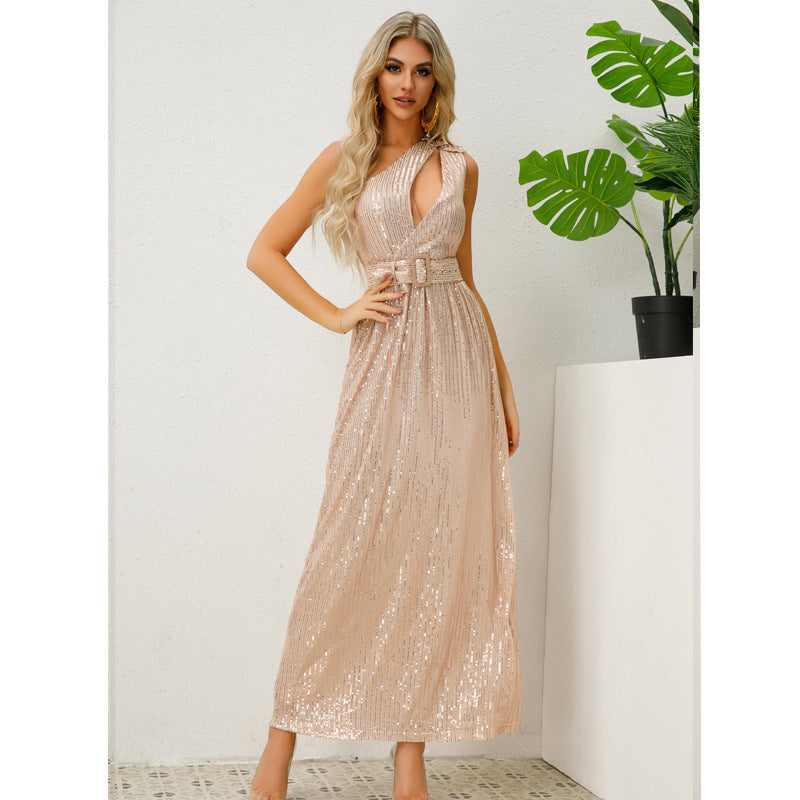 apricot Single Shoulder Lace-up Side Slit Midi Dress