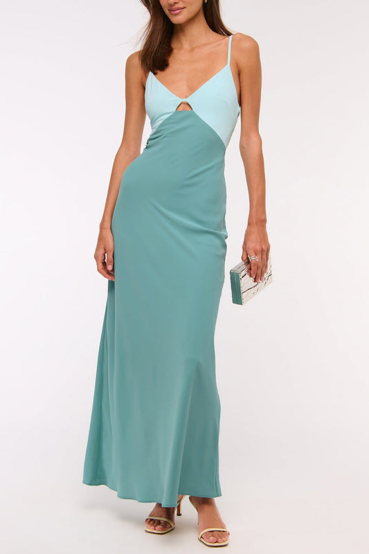 blue open back suspender color-blocking dress