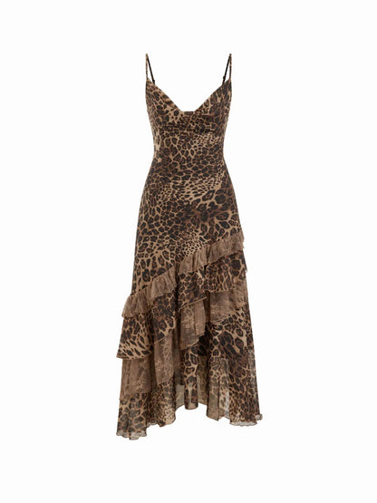 Leopard-print sheer camisole backless maxi dress with ruffles
