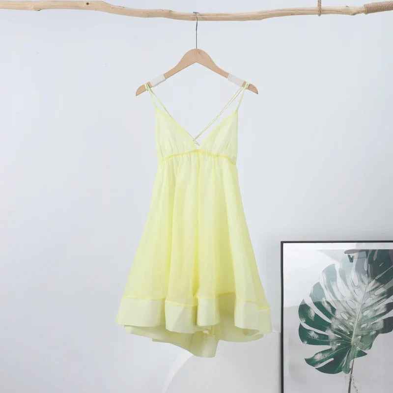 Pleated voluminous V-neck backless camisole mini dress