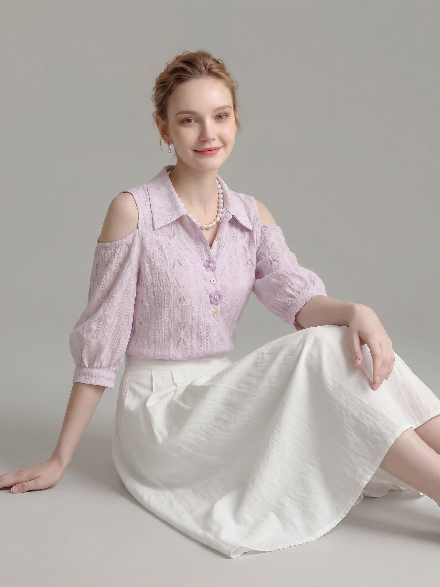 Cold Shoulder Collared Eyelet Blouse With 3D Floral Buttons