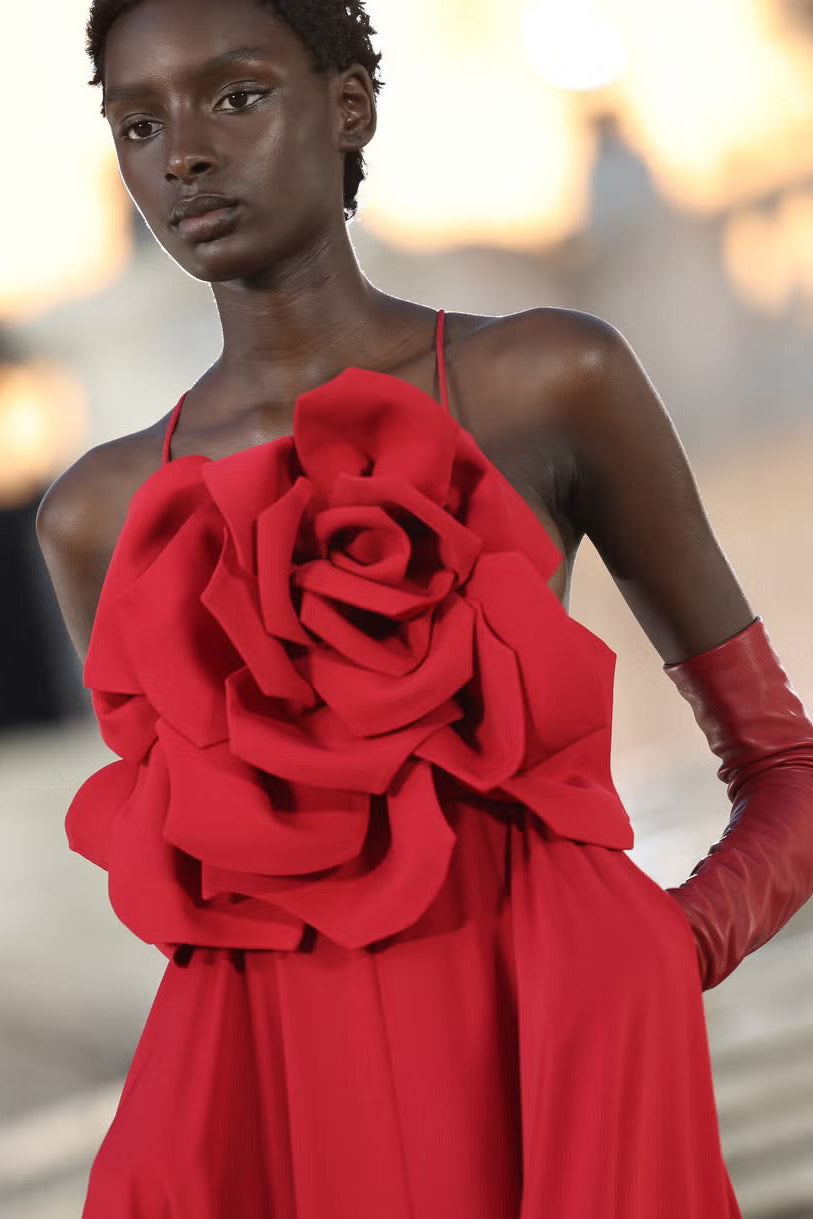 winifred 3d flower strap maxi dress in red