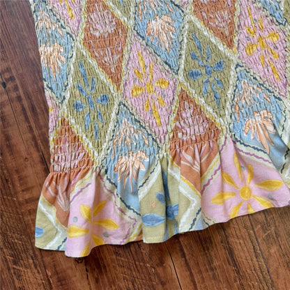 diamond plaid floral pleated elastic hip hugging linen skirt
