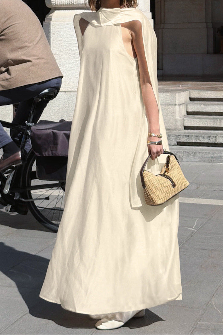 Irregular Tencel Sleeveless Halter Neck Dress - Apricot