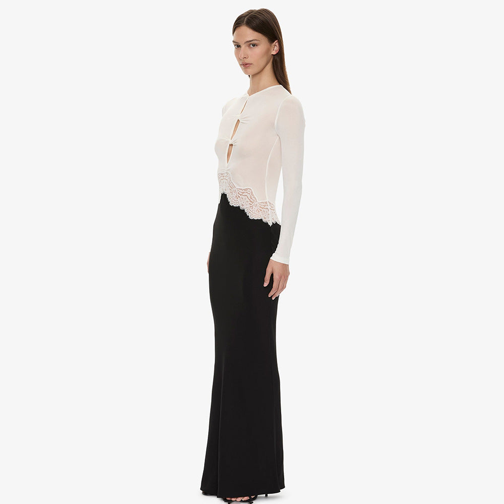 Premium Fabric Long-Sleeve Cut-Out Top with Lace Detail Premium Fabric - product view 8