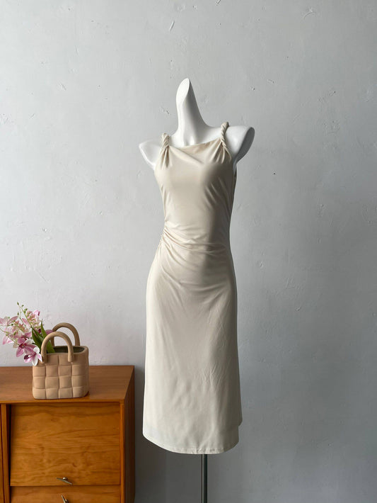 twisted suspender waist slimming midi dress