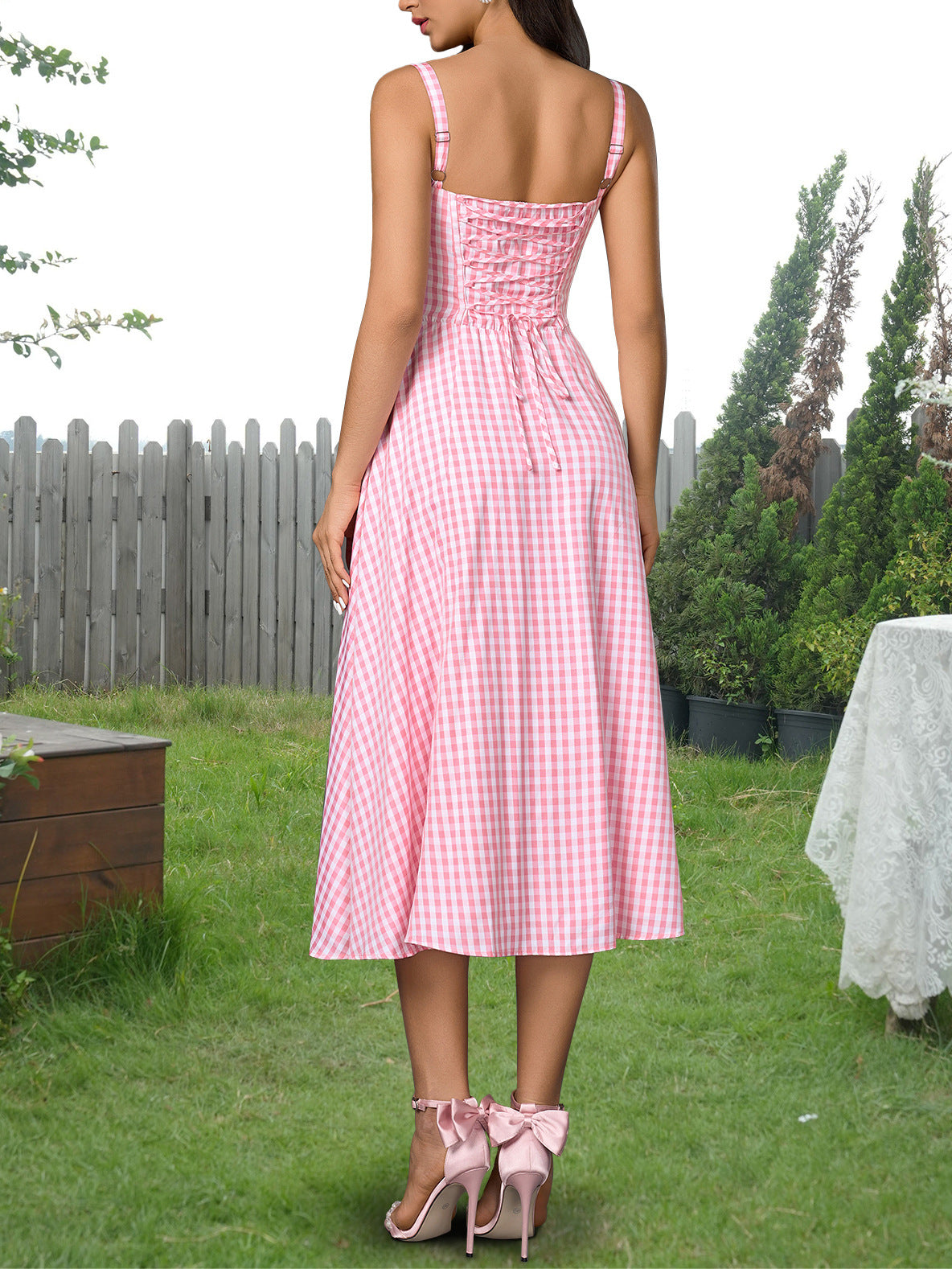 pink plaid herringbone slip slit backless chest tie long dress