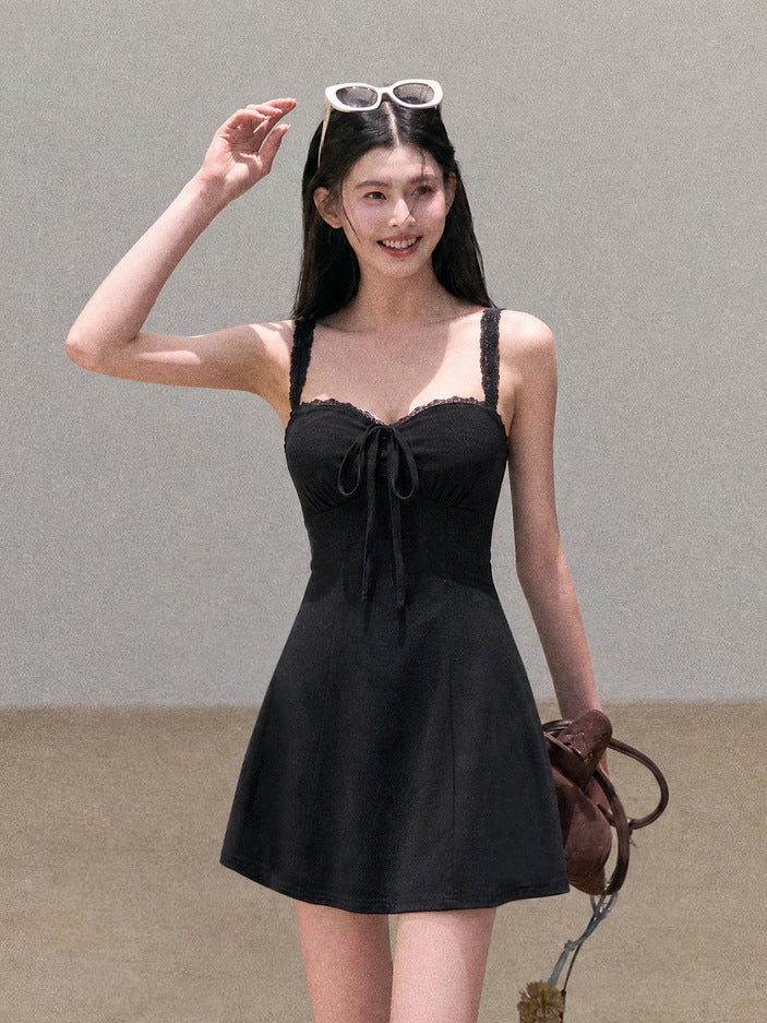 black Tencel Bamboo Joint strap backless mini dress
